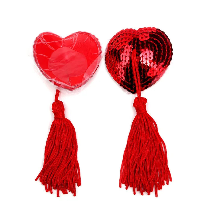1Pair Sexy Pasties Stickers Sequin Nipple Covers with Tassels Heart Shape Nipple Stickers Pasties Wholesale Chest Stickers
