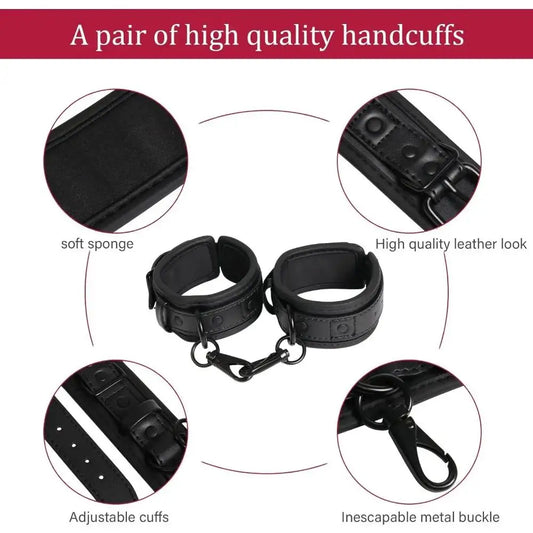 Leather Handcuffs Sex Play with Blindfold Silk Eye Cover Role Play Set for Couples Adults Wife SM Bondage Restraints Fetish Kit