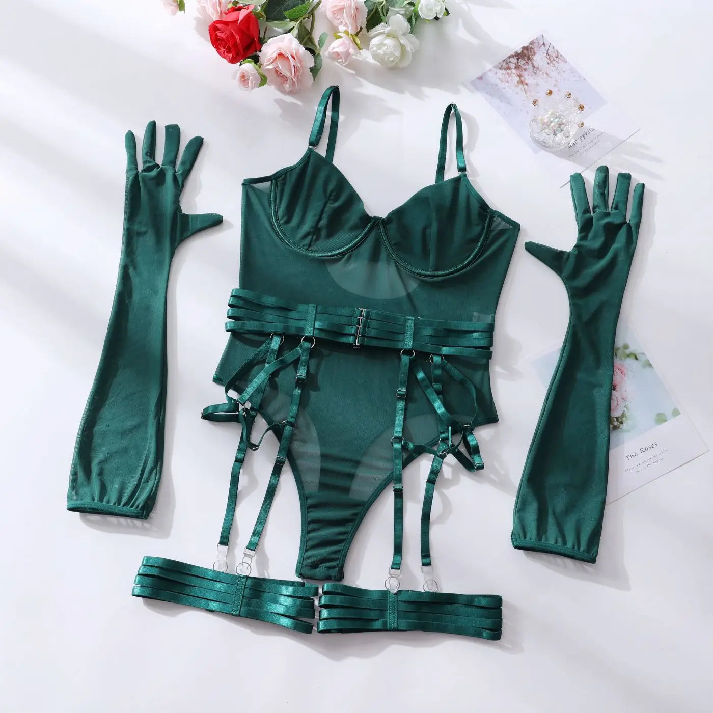 MIRABELLE Tight Fitting Lace Bodysuit See Through Sexy Lingerie Body With Gloves Garter Outfit Sissy Crotchless Mesh Top