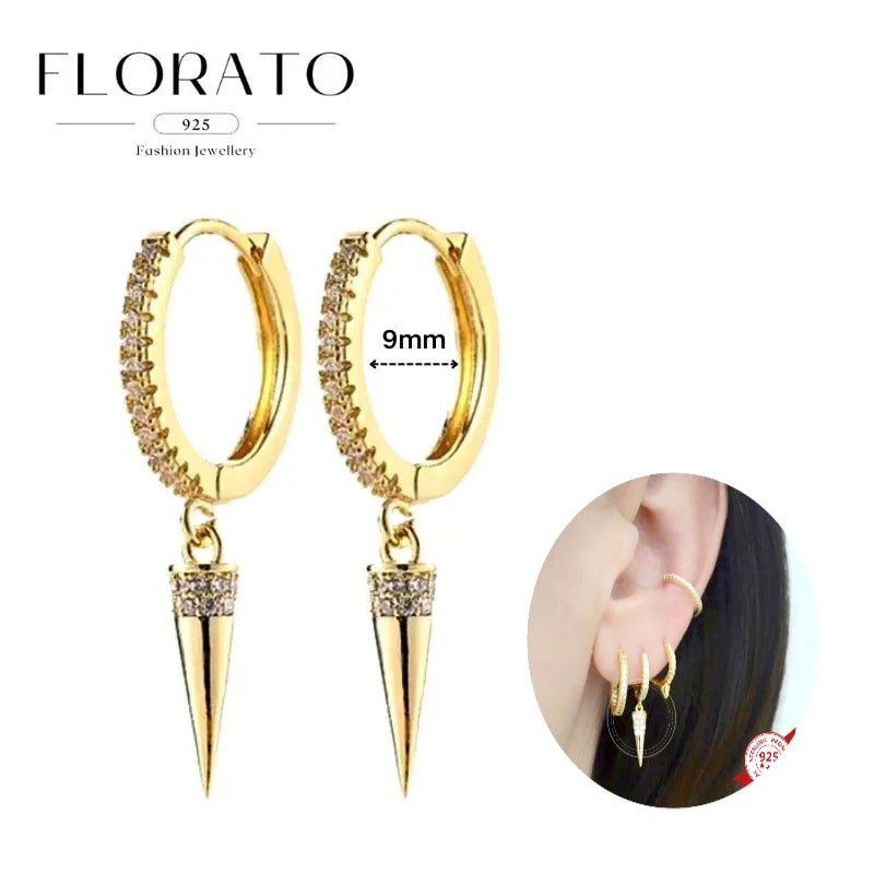 925 Silver Needle Rivet Micropaved Zircon Pendant Hoop Earrings For Women Punk Vintage Earrings Fashion Party Jewelry Gifts