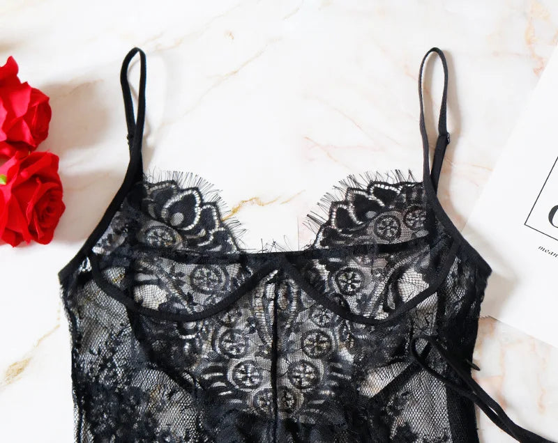 BKLD Sexy Perspective Black Lace Dress Women Summer Clothes Backless Spaghetti Strap Dress Night Club Party Dresses With Thong
