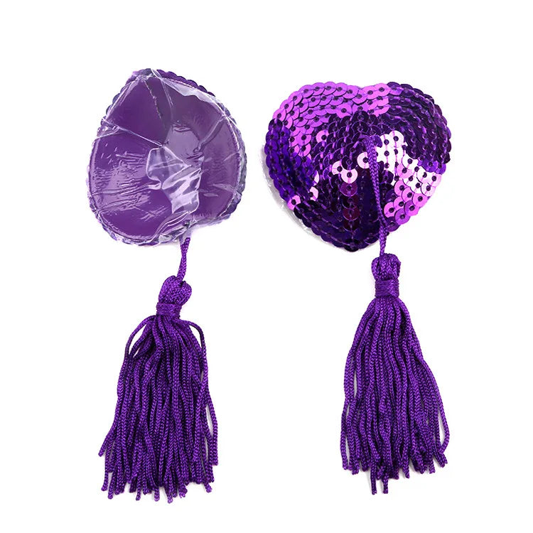 1Pair Sexy Pasties Stickers Sequin Nipple Covers with Tassels Heart Shape Nipple Stickers Pasties Wholesale Chest Stickers