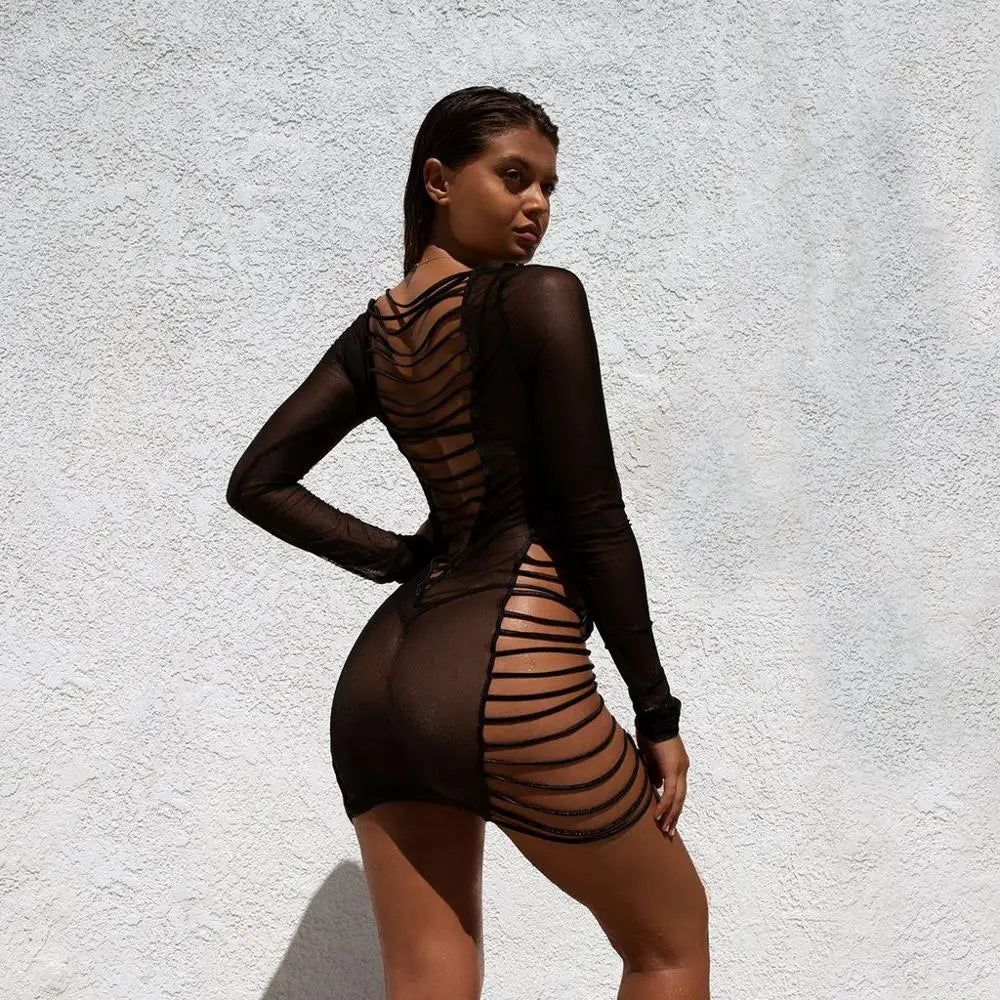 BKLD Summer Sheer Mesh Bodycon Dress Sexy Long Sleeve Bandage Hollow Out Womens Dresses Fishnet See Through Club Wear Mini Dress