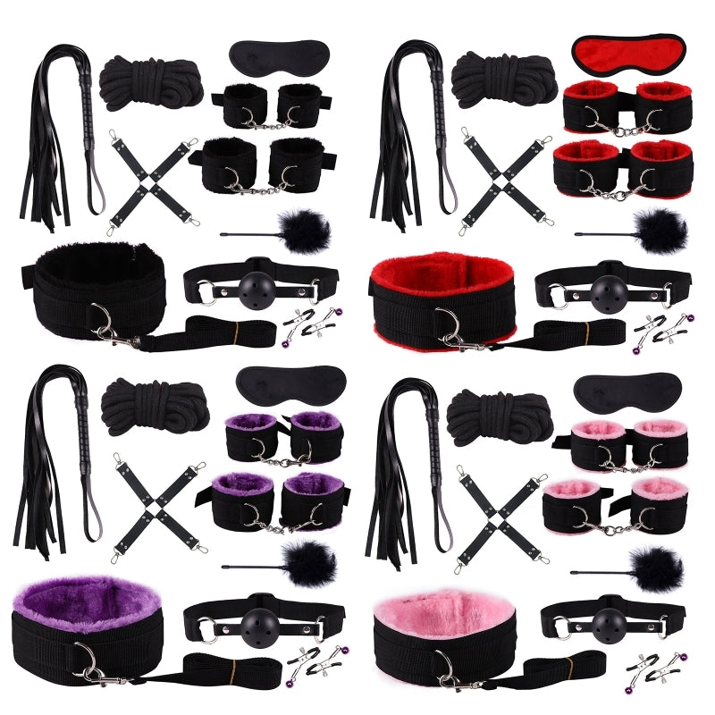 10PCS BDSM Bed Restraints Sex Toy Kits Handcuffs 18+ Adult Sex Game Sexy Suit Nipple Clipper Mouth Gag Whip Sex Feather Soft SM