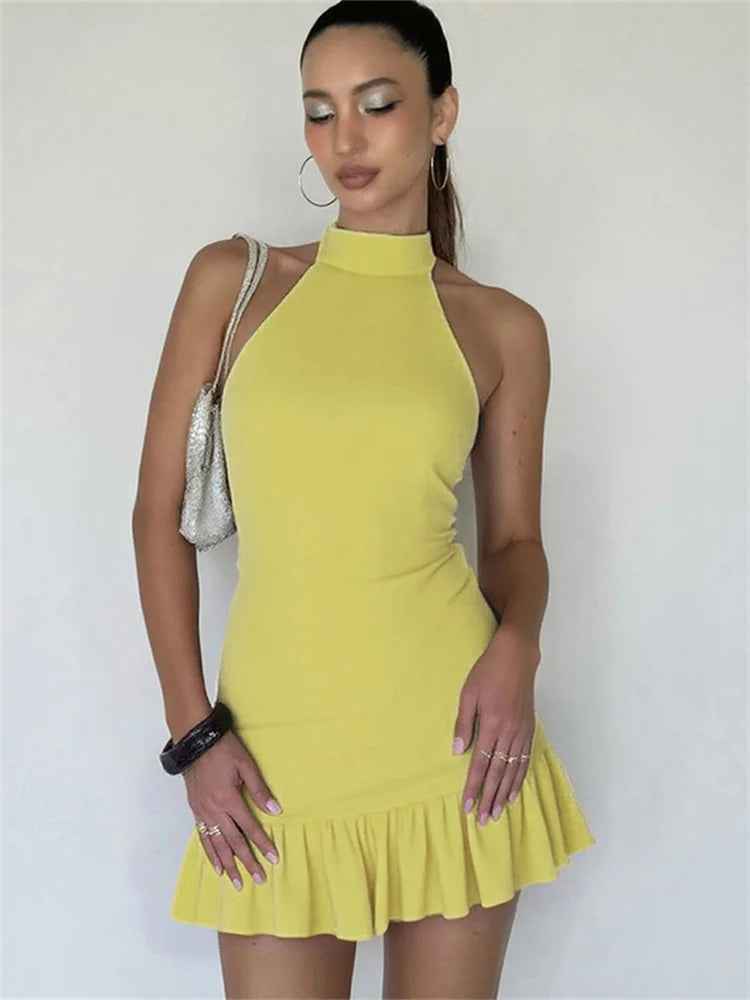 Nibber Folds Backless Dress Women Backless o-Neck Solid Thin Sleeveless Sexy Midnight Summer Trend Party Street Mini Bodycon