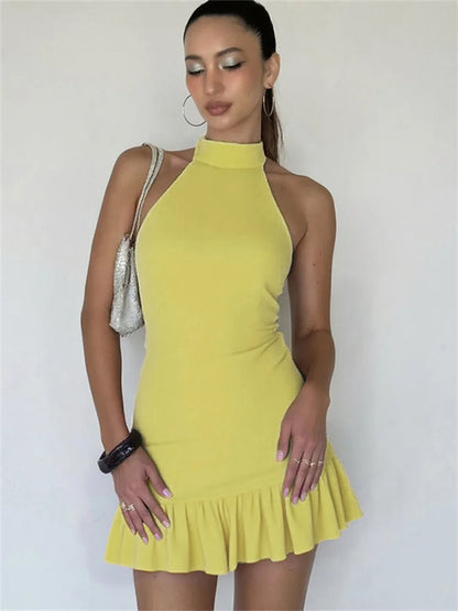 Nibber Folds Backless Dress Women Backless o-Neck Solid Thin Sleeveless Sexy Midnight Summer Trend Party Street Mini Bodycon