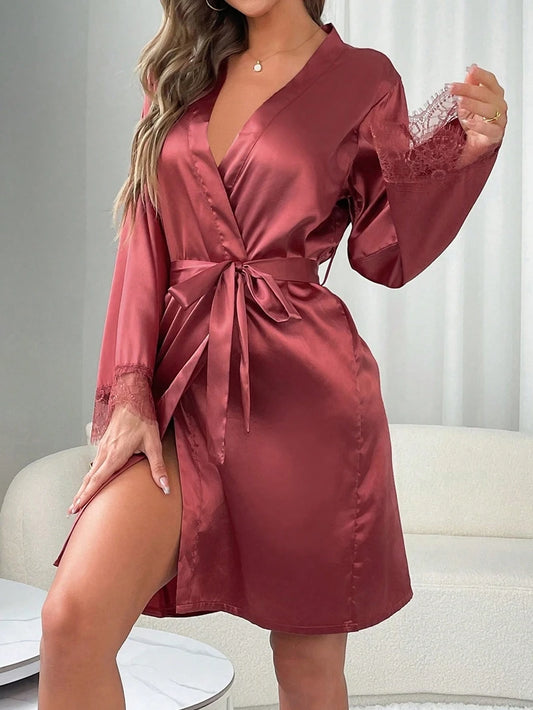 Soft And Comfortable Robe Kimono Women's Elegant Lace Nightgown Wedding Makeup Wedding Satin Bathrobe with Belt V-neck Robes