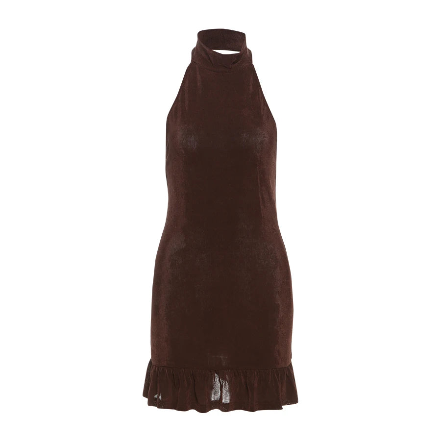 Nibber Folds Backless Dress Women Backless o-Neck Solid Thin Sleeveless Sexy Midnight Summer Trend Party Street Mini Bodycon