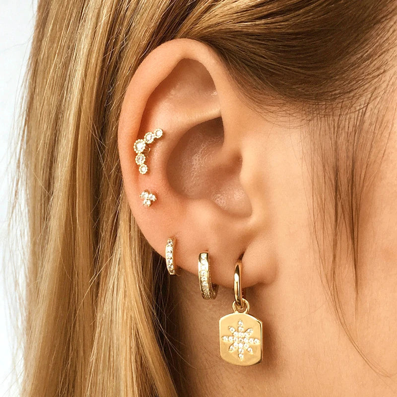 925 Silver Needle Rivet Micropaved Zircon Pendant Hoop Earrings For Women Punk Vintage Earrings Fashion Party Jewelry Gifts