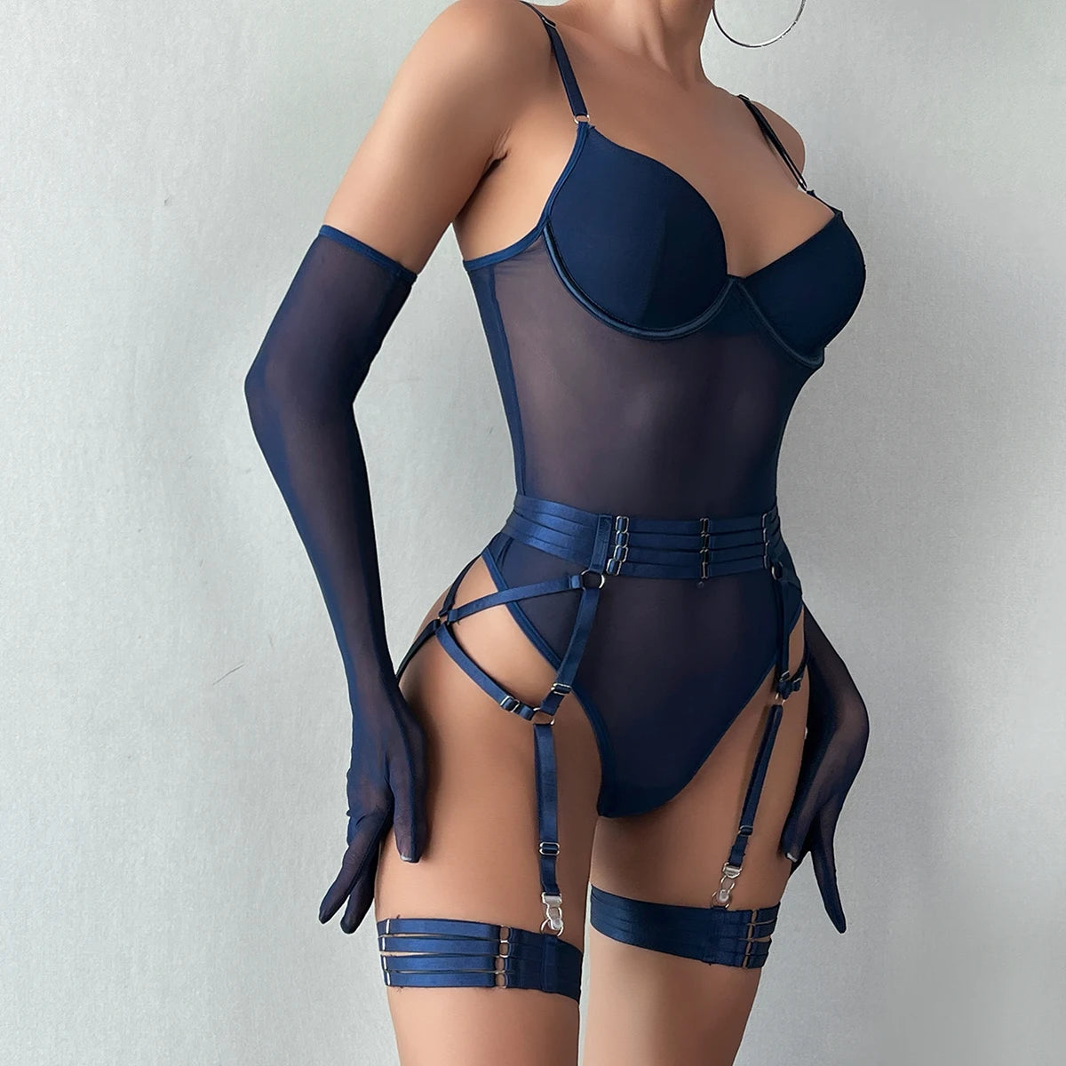 MIRABELLE Tight Fitting Lace Bodysuit See Through Sexy Lingerie Body With Gloves Garter Outfit Sissy Crotchless Mesh Top