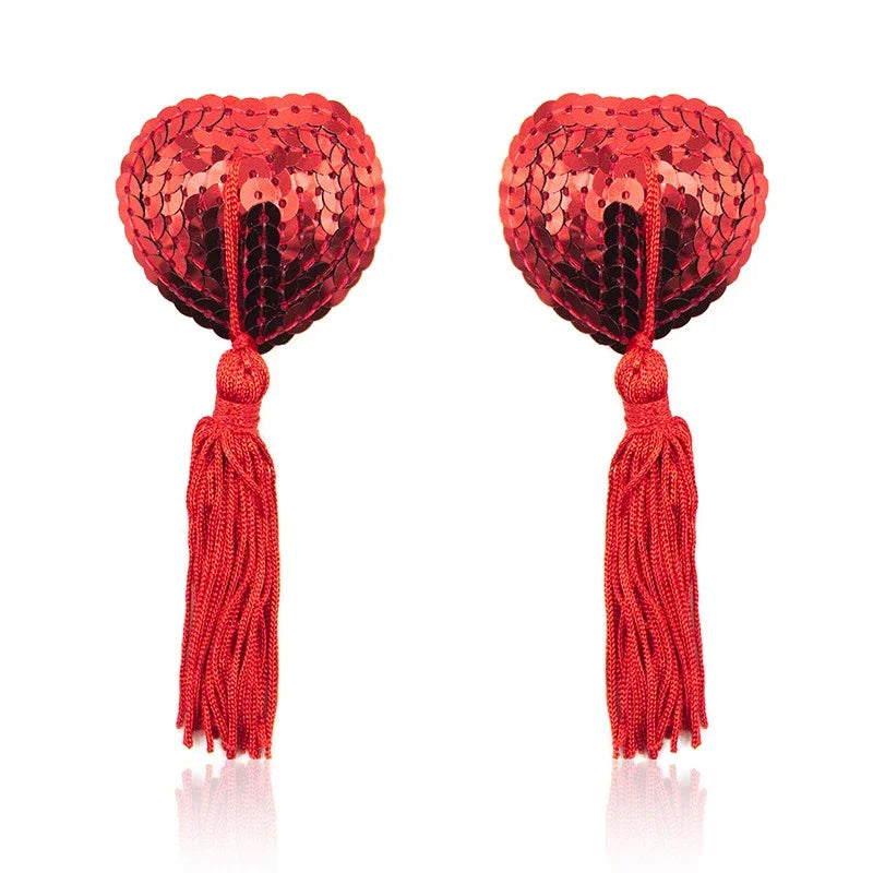 1Pair Sexy Pasties Stickers Sequin Nipple Covers with Tassels Heart Shape Nipple Stickers Pasties Wholesale Chest Stickers