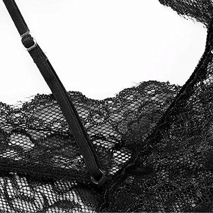 Crotchless Underwear Women Lace Mesh Transparent Bra Set Erotic Costumes Sexy Deep V Halter Neck Baby Doll Dress Lingerie Sets
