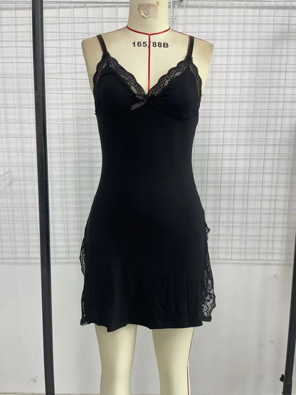 Elegant Black Nightgown Women's Floral Lace Trim Chemise with Bow Adjustable Strap Soft Sleepwear Lingerie New Fashion Hot Sale