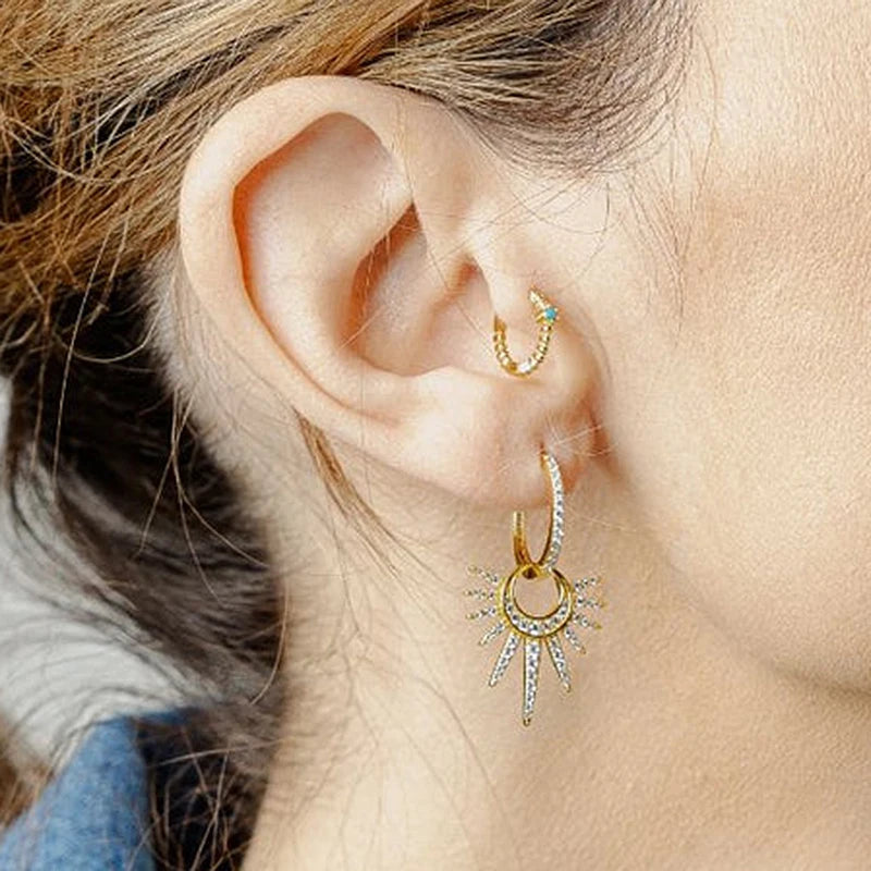 925 Silver Needle Rivet Micropaved Zircon Pendant Hoop Earrings For Women Punk Vintage Earrings Fashion Party Jewelry Gifts