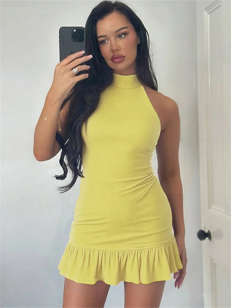 Nibber Folds Backless Dress Women Backless o-Neck Solid Thin Sleeveless Sexy Midnight Summer Trend Party Street Mini Bodycon