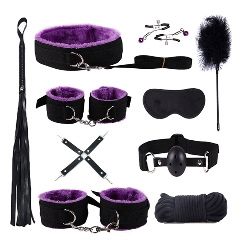 10PCS BDSM Bed Restraints Sex Toy Kits Handcuffs 18+ Adult Sex Game Sexy Suit Nipple Clipper Mouth Gag Whip Sex Feather Soft SM