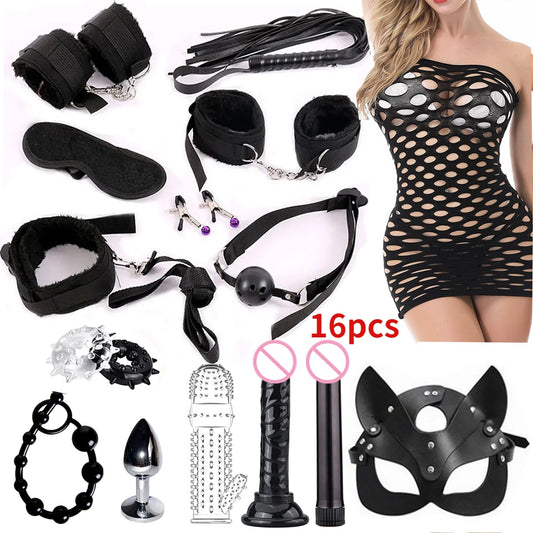 BDSM Adult Sex Toy Kits Sets for Sexy Games Bondage Mask Set Feather Handcuffs Ankle Cuff Restraints for Couple Sexual Aids ﻿18+