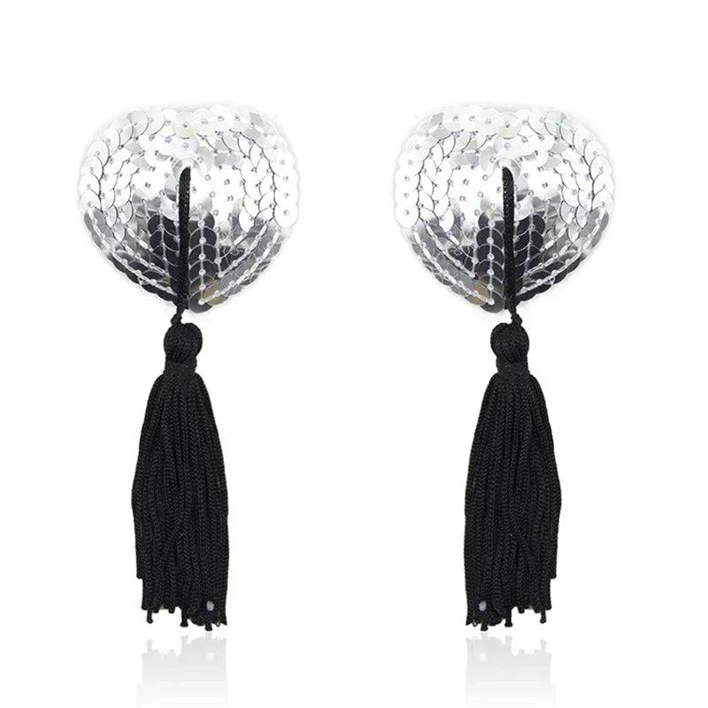 1Pair Sexy Pasties Stickers Sequin Nipple Covers with Tassels Heart Shape Nipple Stickers Pasties Wholesale Chest Stickers