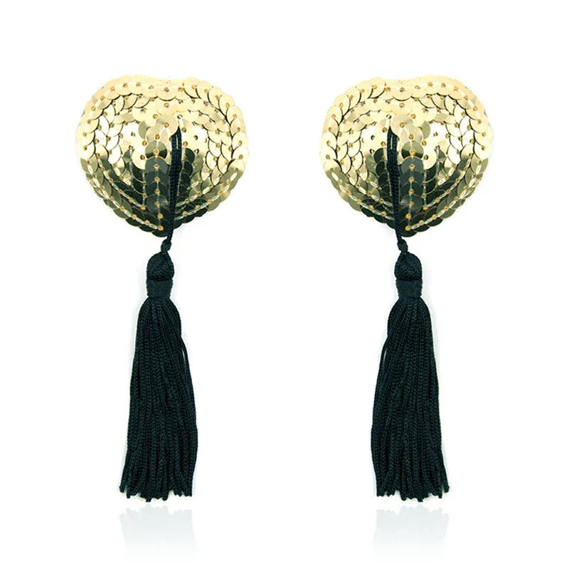 1Pair Sexy Pasties Stickers Sequin Nipple Covers with Tassels Heart Shape Nipple Stickers Pasties Wholesale Chest Stickers
