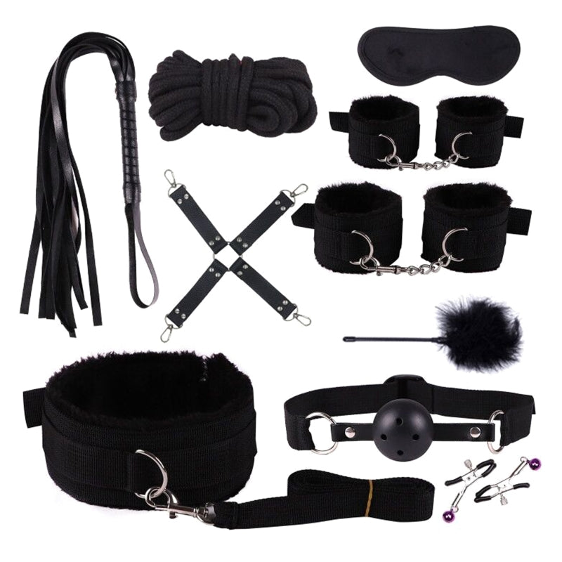 10PCS BDSM Bed Restraints Sex Toy Kits Handcuffs 18+ Adult Sex Game Sexy Suit Nipple Clipper Mouth Gag Whip Sex Feather Soft SM