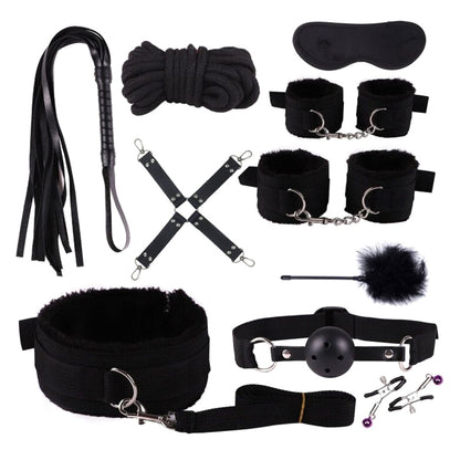 10PCS BDSM Bed Restraints Sex Toy Kits Handcuffs 18+ Adult Sex Game Sexy Suit Nipple Clipper Mouth Gag Whip Sex Feather Soft SM