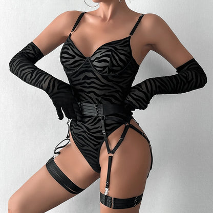 MIRABELLE Tight Fitting Lace Bodysuit See Through Sexy Lingerie Body With Gloves Garter Outfit Sissy Crotchless Mesh Top