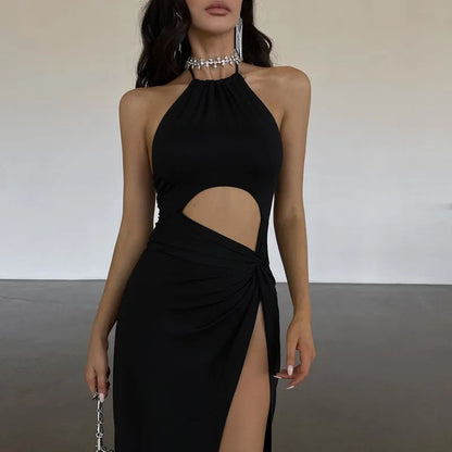 WhereMery Fashion Off Shoulder High-waist Backless Solid Long Dress Sexy Elegant Hollow Out Split Dresses Summer Women Vestidos