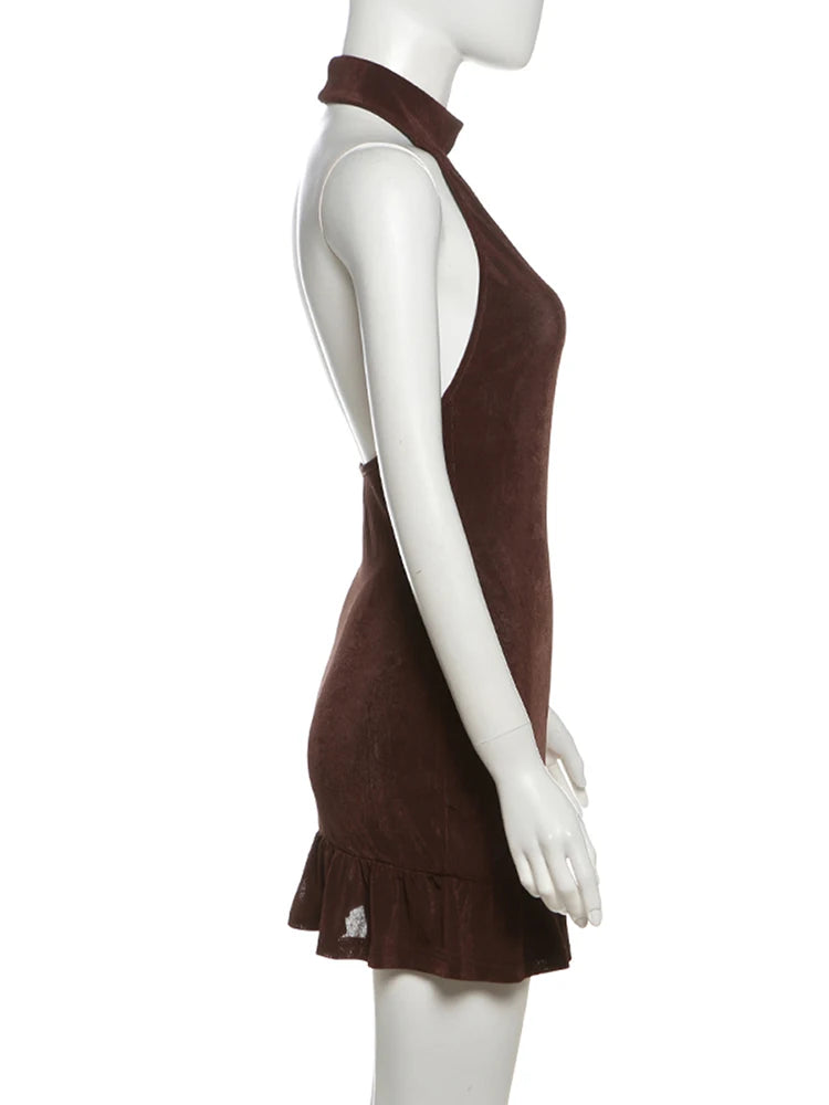 Nibber Folds Backless Dress Women Backless o-Neck Solid Thin Sleeveless Sexy Midnight Summer Trend Party Street Mini Bodycon