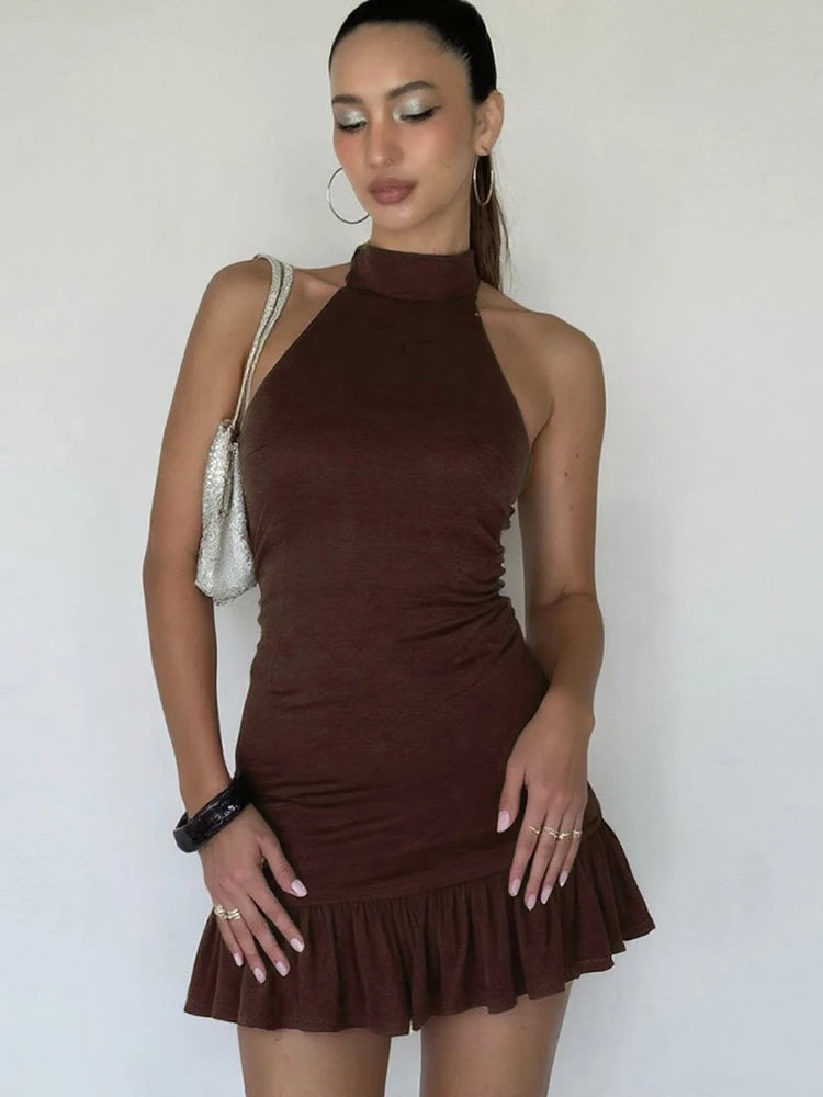 Nibber Folds Backless Dress Women Backless o-Neck Solid Thin Sleeveless Sexy Midnight Summer Trend Party Street Mini Bodycon