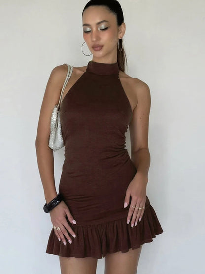 Nibber Folds Backless Dress Women Backless o-Neck Solid Thin Sleeveless Sexy Midnight Summer Trend Party Street Mini Bodycon