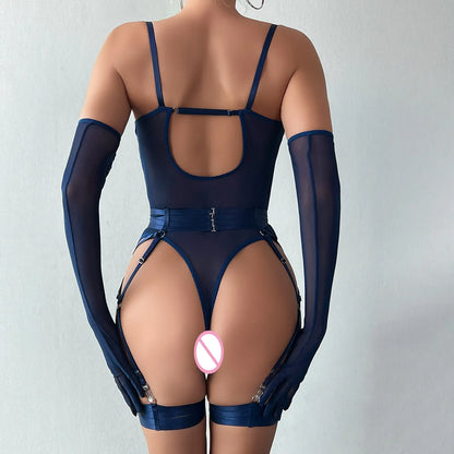 MIRABELLE Tight Fitting Lace Bodysuit See Through Sexy Lingerie Body With Gloves Garter Outfit Sissy Crotchless Mesh Top