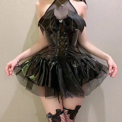 AltGoth Sexy Cosplay Pu Dress Women Harajuku Streetwear Grunge Bandage Hollow Out Bats Dress Punk Y2k E-girl Mall Gothic Clothes