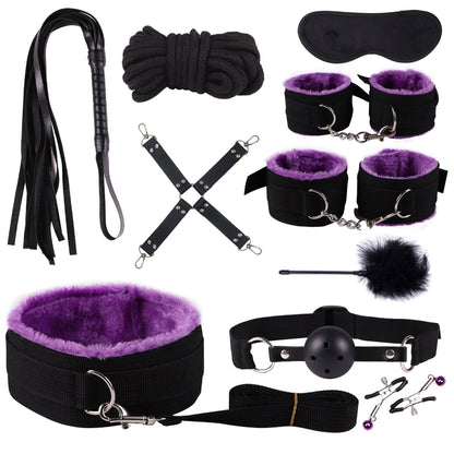 10PCS BDSM Bed Restraints Sex Toy Kits Handcuffs 18+ Adult Sex Game Sexy Suit Nipple Clipper Mouth Gag Whip Sex Feather Soft SM
