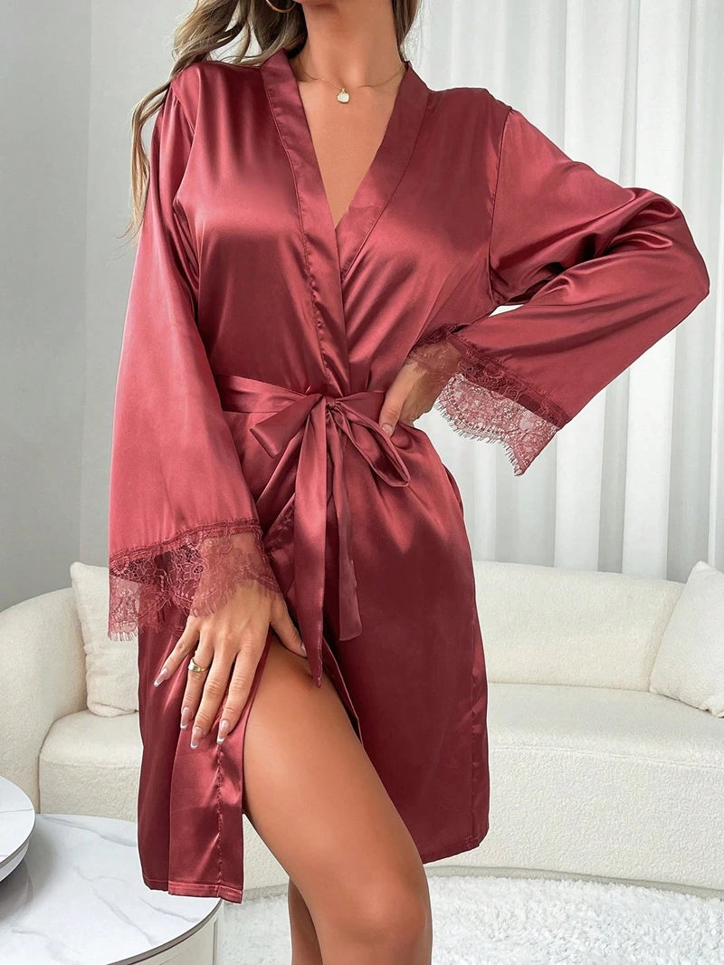 Soft And Comfortable Robe Kimono Women's Elegant Lace Nightgown Wedding Makeup Wedding Satin Bathrobe with Belt V-neck Robes