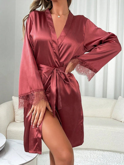 Soft And Comfortable Robe Kimono Women's Elegant Lace Nightgown Wedding Makeup Wedding Satin Bathrobe with Belt V-neck Robes
