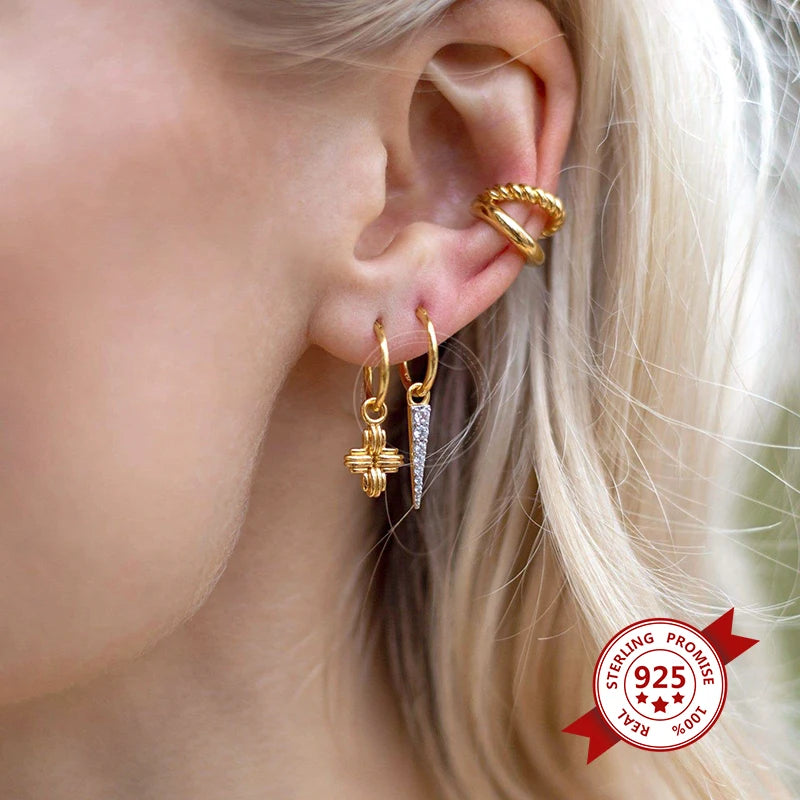 925 Silver Needle Rivet Micropaved Zircon Pendant Hoop Earrings For Women Punk Vintage Earrings Fashion Party Jewelry Gifts