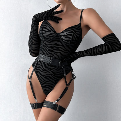 MIRABELLE Tight Fitting Lace Bodysuit See Through Sexy Lingerie Body With Gloves Garter Outfit Sissy Crotchless Mesh Top