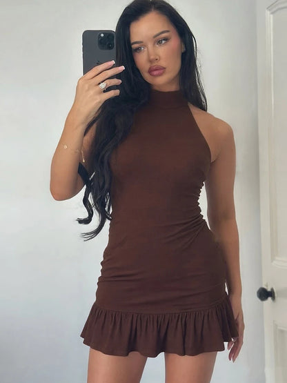 Nibber Folds Backless Dress Women Backless o-Neck Solid Thin Sleeveless Sexy Midnight Summer Trend Party Street Mini Bodycon