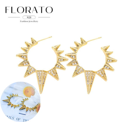 925 Silver Needle Rivet Micropaved Zircon Pendant Hoop Earrings For Women Punk Vintage Earrings Fashion Party Jewelry Gifts