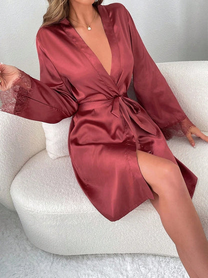 Soft And Comfortable Robe Kimono Women's Elegant Lace Nightgown Wedding Makeup Wedding Satin Bathrobe with Belt V-neck Robes