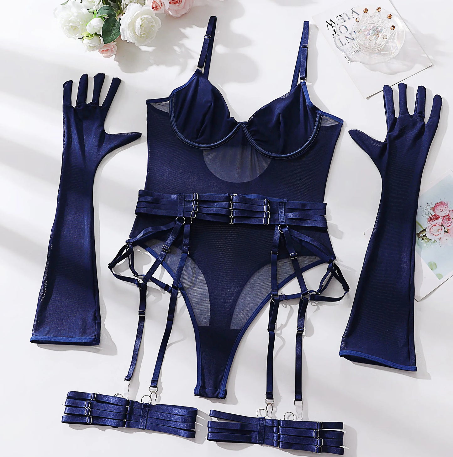 MIRABELLE Tight Fitting Lace Bodysuit See Through Sexy Lingerie Body With Gloves Garter Outfit Sissy Crotchless Mesh Top