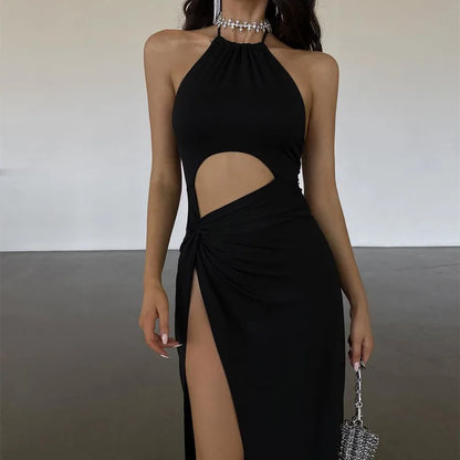 WhereMery Fashion Off Shoulder High-waist Backless Solid Long Dress Sexy Elegant Hollow Out Split Dresses Summer Women Vestidos
