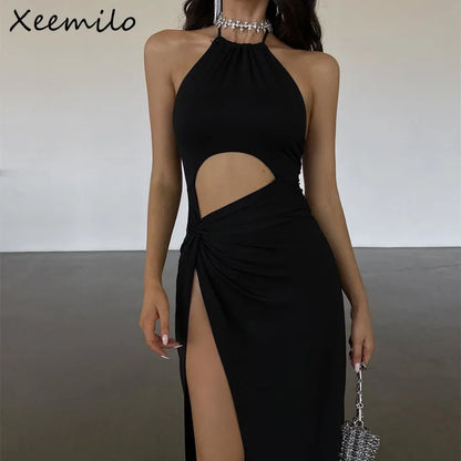 WhereMery Fashion Off Shoulder High-waist Backless Solid Long Dress Sexy Elegant Hollow Out Split Dresses Summer Women Vestidos