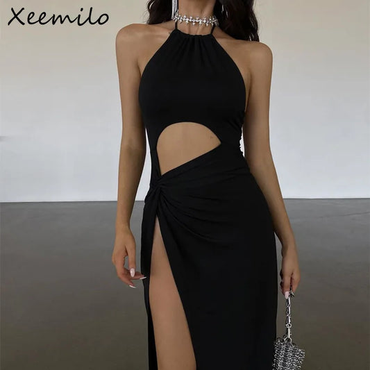WhereMery Fashion Off Shoulder High-waist Backless Solid Long Dress Sexy Elegant Hollow Out Split Dresses Summer Women Vestidos