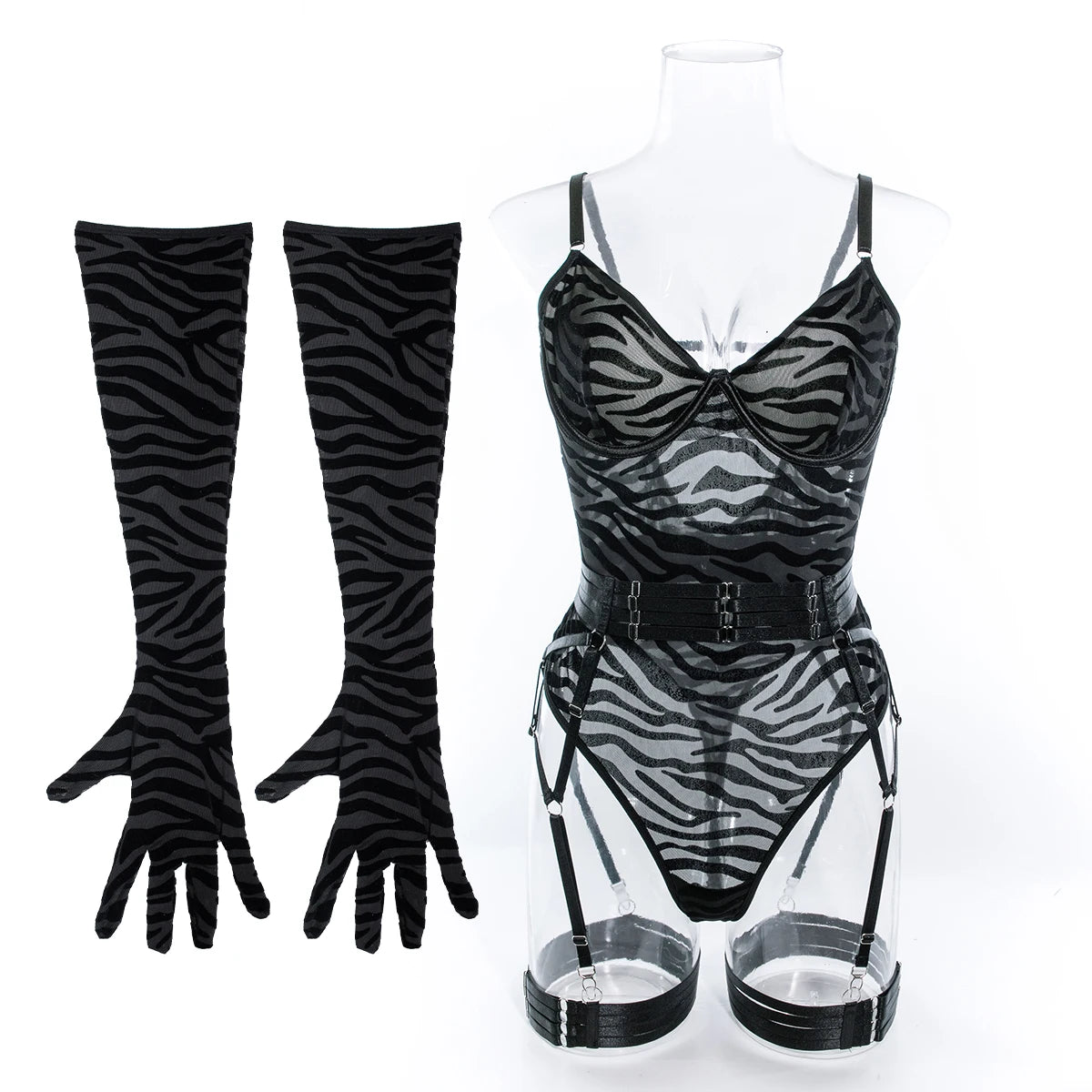 MIRABELLE Tight Fitting Lace Bodysuit See Through Sexy Lingerie Body With Gloves Garter Outfit Sissy Crotchless Mesh Top