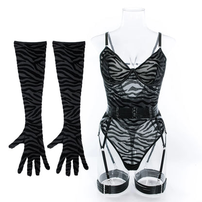 MIRABELLE Tight Fitting Lace Bodysuit See Through Sexy Lingerie Body With Gloves Garter Outfit Sissy Crotchless Mesh Top
