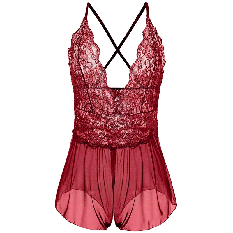 Crotchless Underwear Women Lace Mesh Transparent Bra Set Erotic Costumes Sexy Deep V Halter Neck Baby Doll Dress Lingerie Sets