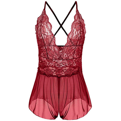 Crotchless Underwear Women Lace Mesh Transparent Bra Set Erotic Costumes Sexy Deep V Halter Neck Baby Doll Dress Lingerie Sets