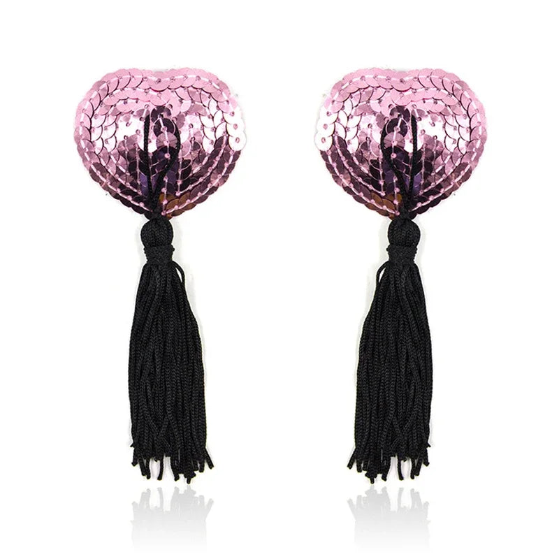 1Pair Sexy Pasties Stickers Sequin Nipple Covers with Tassels Heart Shape Nipple Stickers Pasties Wholesale Chest Stickers