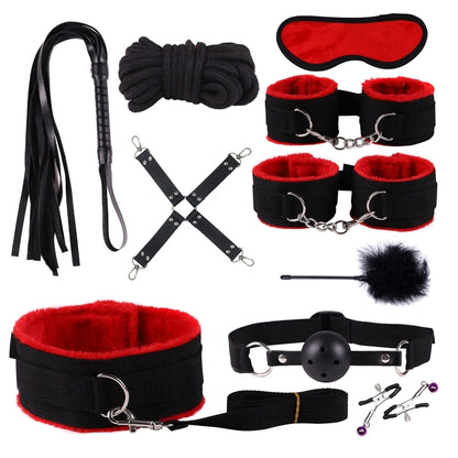 10PCS BDSM Bed Restraints Sex Toy Kits Handcuffs 18+ Adult Sex Game Sexy Suit Nipple Clipper Mouth Gag Whip Sex Feather Soft SM